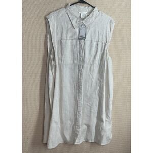 H&M Dress Women's Size XL  Beige Button‎ Front Shift 100% Linen Lagenlook Casual